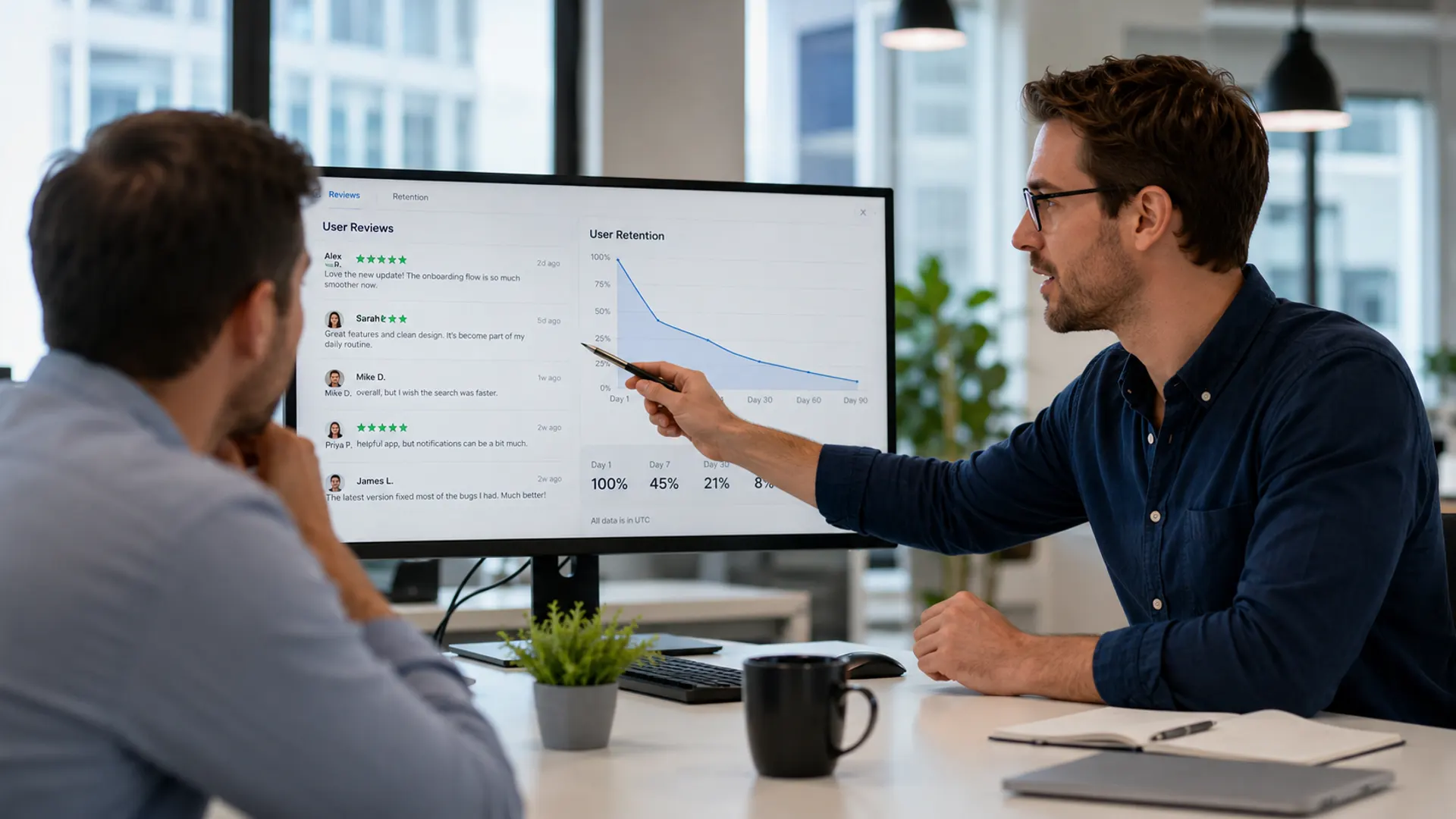 Product manager и коллега обсуждают график удержания и отзывы пользователей на экране