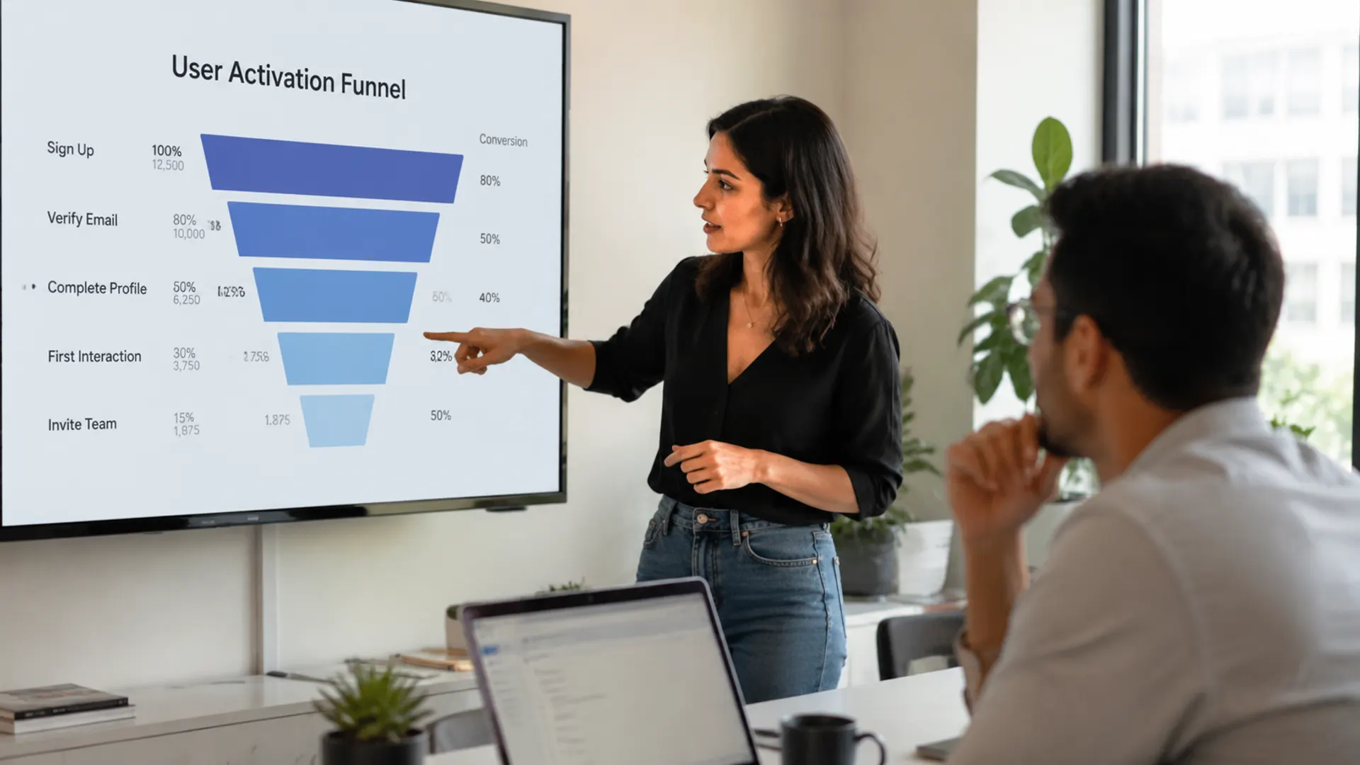 Product manager and colleague reviewing activation funnel chart on monitor.