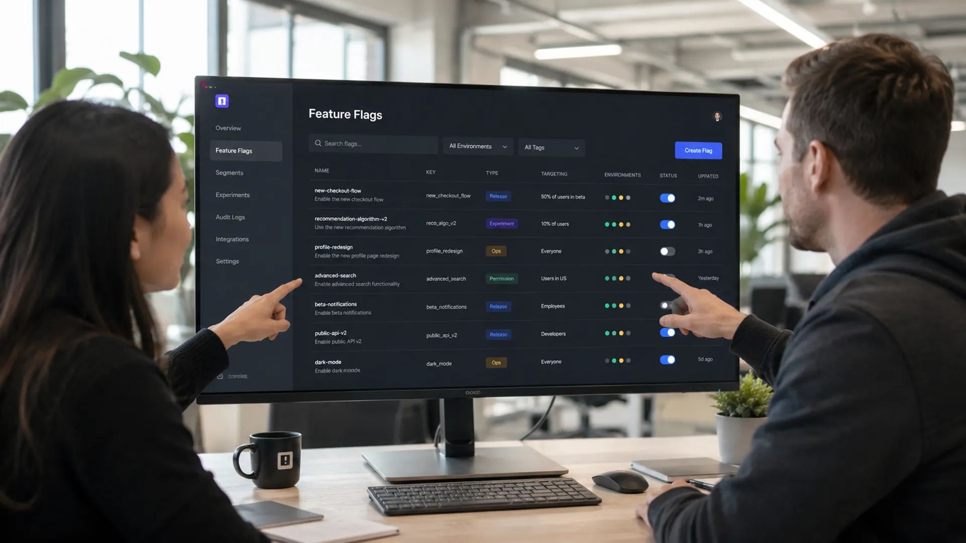 Product manager and developer discussing in-app onboarding features on a dashboard in a modern office