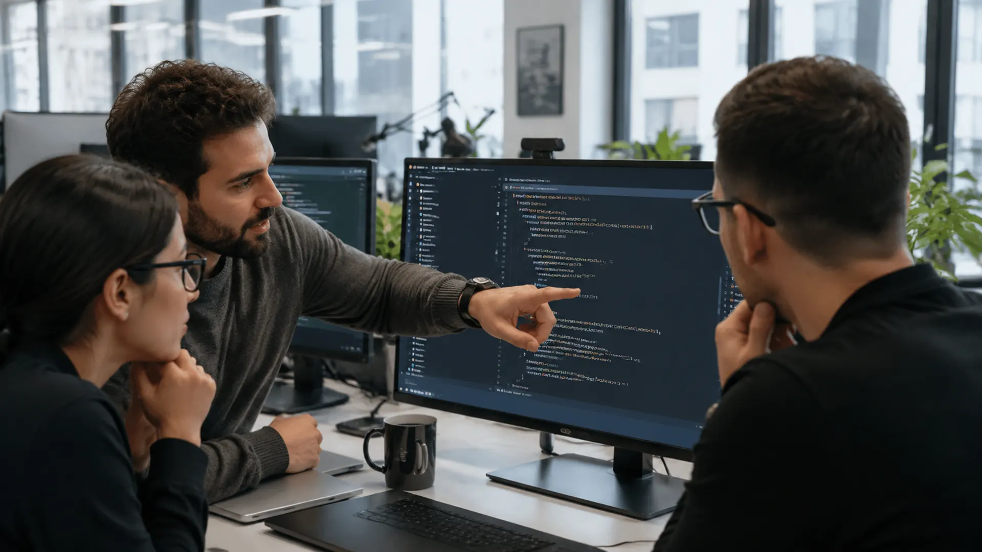 Разработчик объясняет коллегам код, связанный с API-событиями, в светлом офисе