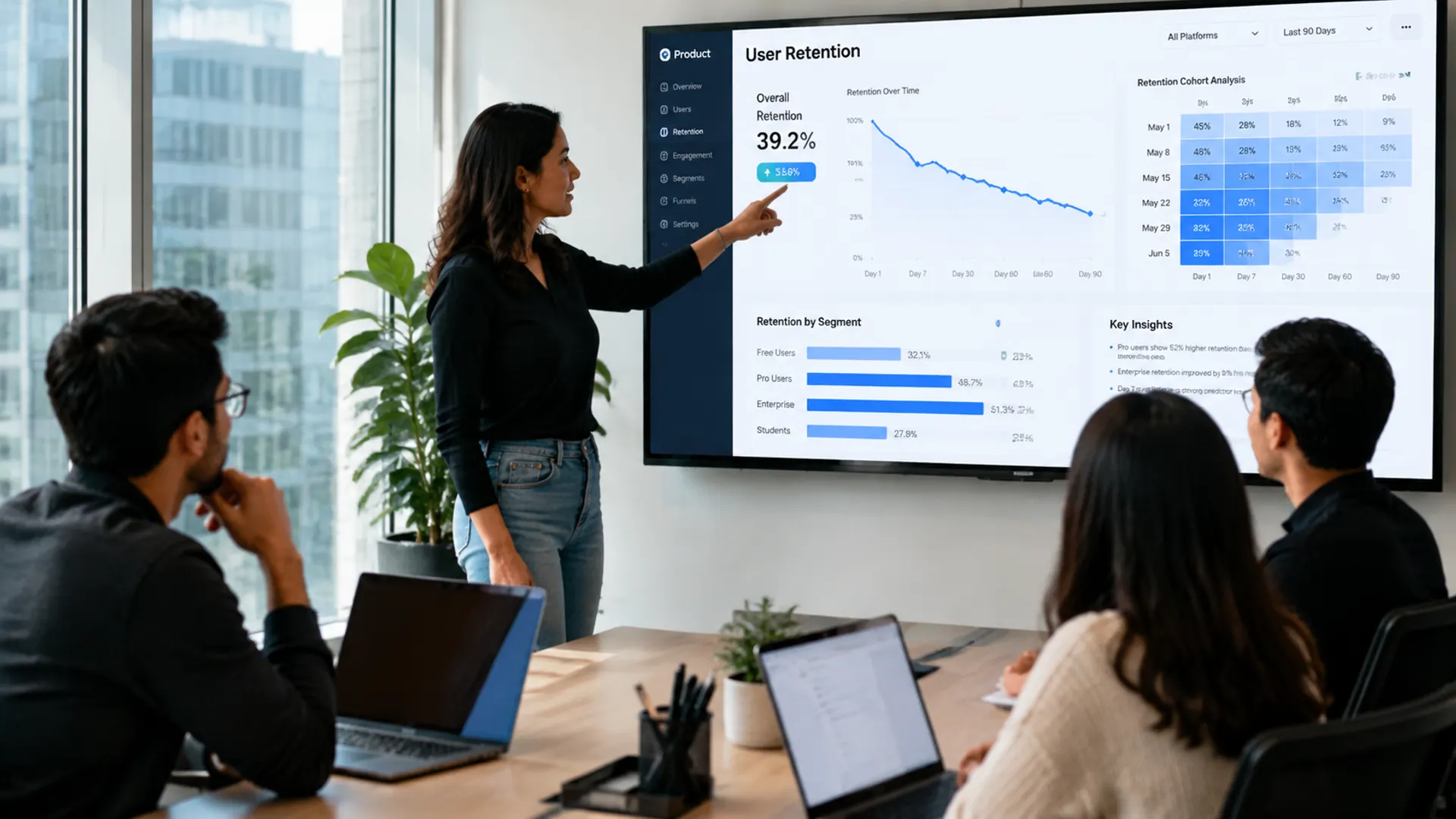 Product manager объясняет график retention команде в офисе